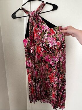 DKNY halter Floral Pleated Dress - Pink Multi